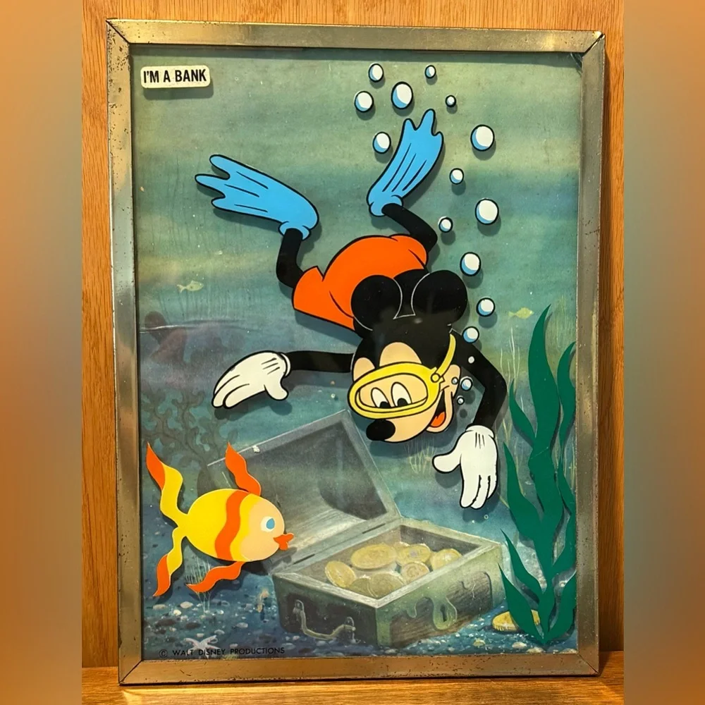 VINTAGE Walt Disney Productions Brytone Mickey Mouse Painting on Glass Bank RARE